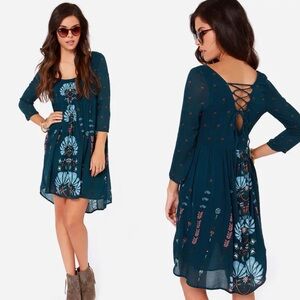 O’Neill Boho Festival Margaret Dark Teal Floral Lace Back Mini Dress Size L